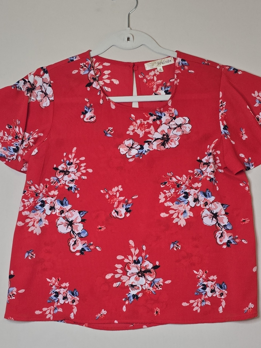 Red Floral Short-Sleeve Sheer Chiffon Blouse Rewind Sz M